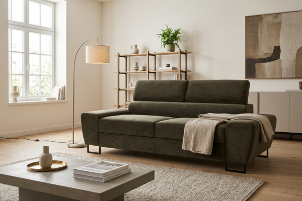 Kanapa sofa rozkładana f spania reg zagłówek aksamit szary Savio 2 os — komfort