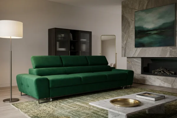 Kanapa sofa rozkładana f spania reg zagłówek welur zielony Savio 3 os — komfort