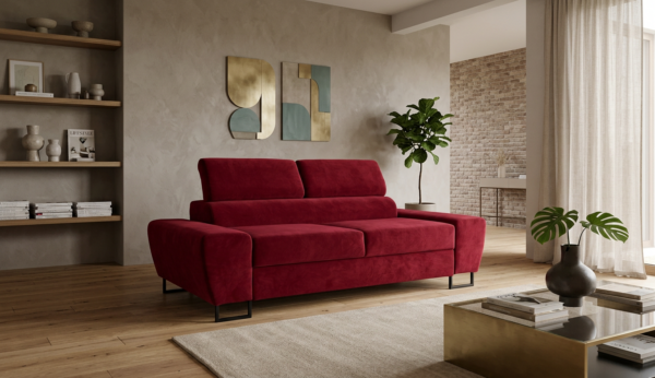 Kanapa sofa rozkładana f spania reg zagłówek welur czerwony Savio 2 os — komfort