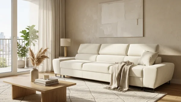 Kanapa sofa rozkładana f spania reg zagłówek welur beżowy Savio 3 os Family — komfort