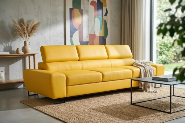 Kanapa sofa rozkładana f spania reg zagłówek welur żółty Savio 3 os Family — komfort