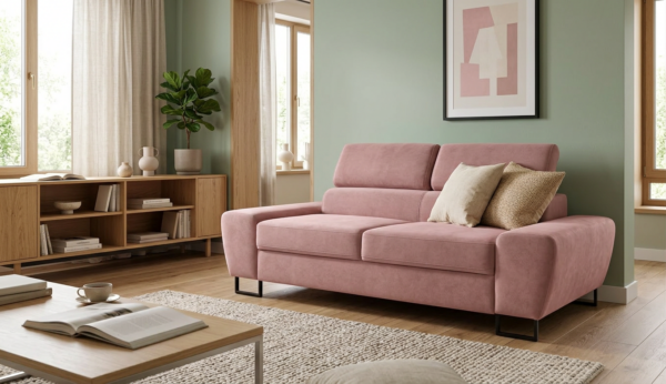Kanapa sofa rozkładana f spania reg zagłówek różowy Savio 2 os Family Meble — komfort