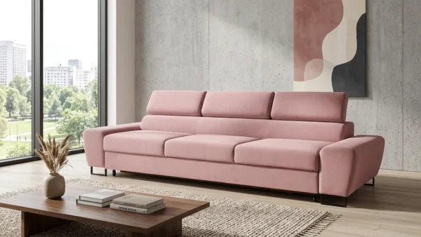 Kanapa sofa rozkładana f spania reg zagłówek różowy Savio 3 os Family Meble — komfort