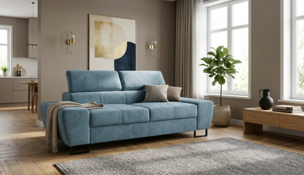Kanapa sofa rozkładana f spania reg zagłówek welur niebieski Savio 2 os — komfort
