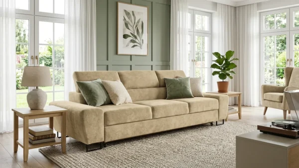 Kanapa sofa rozkładana f spania reg zagłówek tapicerowana beż Savio 3 os — komfort