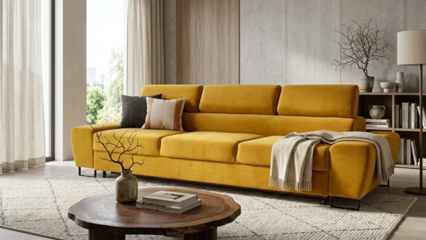 Kanapa sofa rozkładana f spania reg zagłówek welurowy żółty Savio 3 os — komfort