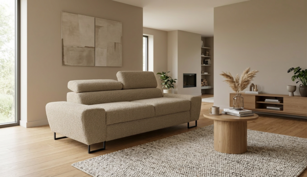Kanapa sofa rozkładana f spania reg zagłówek Boucla beż Savio 2 os Family — komfort