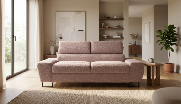 Kanapa sofa rozkładana f spania reg zagłówek Boucla pudrowy róż Savio 2 os — komfort