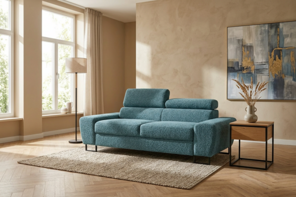 Kanapa sofa rozkładana f spania reg zagłówek Boucla niebieski Savio 2 os — komfort