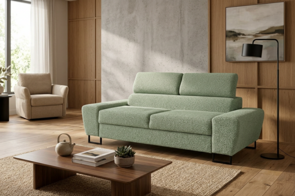 Kanapa sofa rozkładana f spania reg zagłówek Boucla miętowy Savio 2 os — komfort