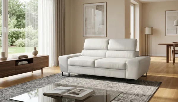 Kanapa sofa rozkładana f spania reg zagłówek skaj biały Savio 2 os Family — komfort