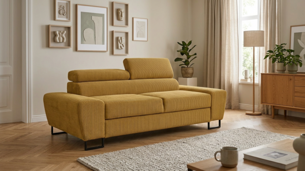 Kanapa sofa rozkładana f spania reg zagłówek welur musztardowy Savio 2 os — komfort