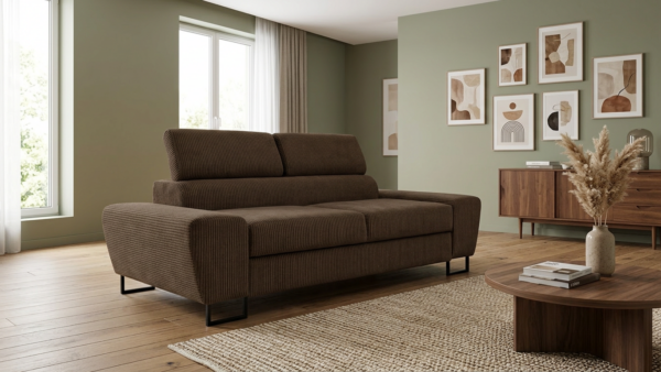Kanapa sofa rozkładana f spania reg zagłówek sztruks brązowy Savio 2 os — komfort
