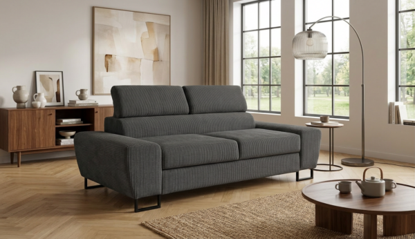 Kanapa sofa rozkładana f spania reg zagłówek sztruks czarny Savio 2 os — komfort