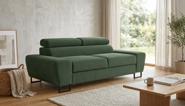 Kanapa sofa rozkładana f spania reg zagłówek sztruks butelkowa zieleń Savio — komfort