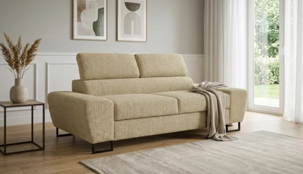 Kanapa sofa rozkładana f spania reg zagłówek szenil beżowy Savio 2 Family — komfort