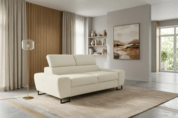 Kanapa sofa rozkładana f spania reg zagłówek szenil welur beż Savio 2 os — komfort
