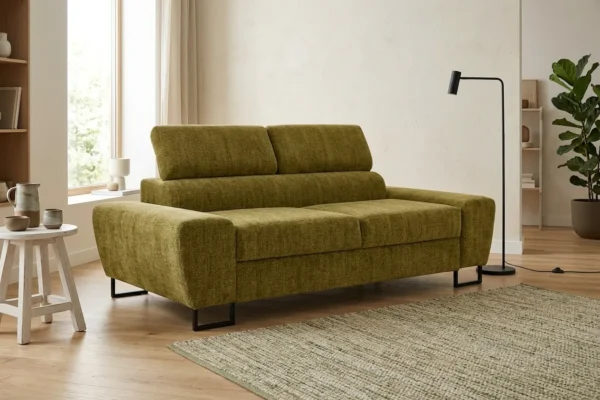 Kanapa sofa rozkładana f spania reg zagłówek szenil zielony Savio 2 Family — komfort