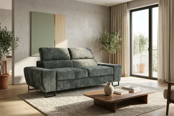Kanapa sofa rozkładana f spania reg zagłówek szenil welur szary Savio 2 os — komfort