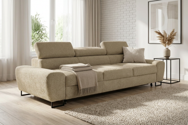 Kanapa sofa rozkładana f spania reg zagłówek beż Boucla Savio 3 os Family — komfort