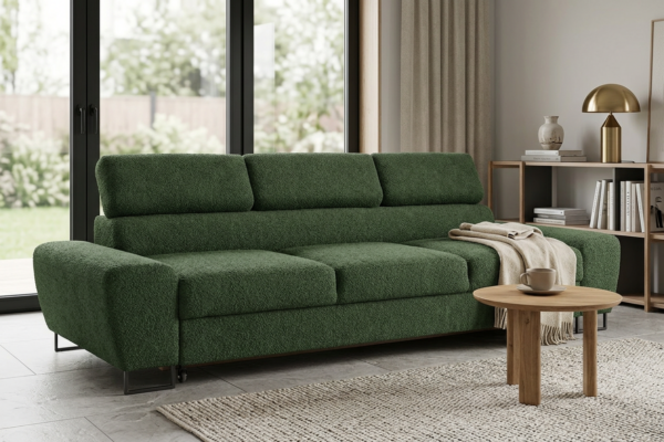 Kanapa sofa rozkładana f spania reg zagłówek zielony Savio 3 os Family — komfort