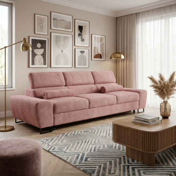 Kanapa sofa rozkładana f spania reg zagłówek welur różowy Savio 3 os Family — komfort