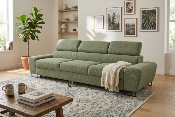 Kanapa sofa rozkładana f spania reg zagłówek Boucla miętowy Savio 3 os — komfort