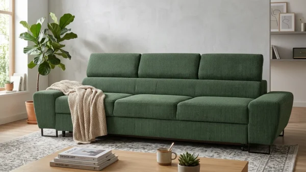 Kanapa sofa rozkładana f spania reg zagłówek sztruks butelkowa zieleń Savio — komfort