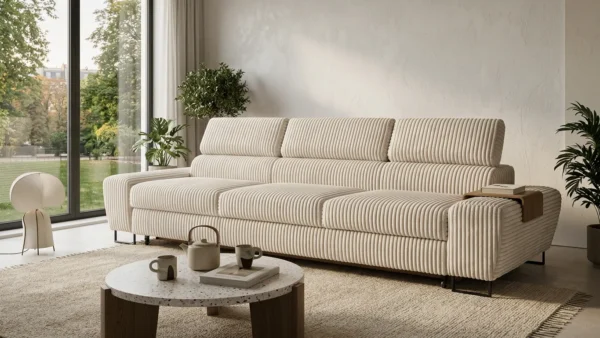 Kanapa sofa rozkładana f spania reg zagłówek sztruks beż Savio Family Meble — komfort