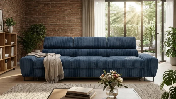 Kanapa sofa rozkładana f spania reg zagłówek sztruks granatowy Savio 3 os — komfort