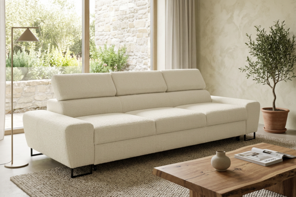 Kanapa sofa rozkładana f spania reg zagłówek welur beż Savio 3 os Family — komfort