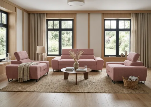 Zestaw wypoczynkowy sofa 2 fotele różowy welur salonu Savio Family Meble — komfort