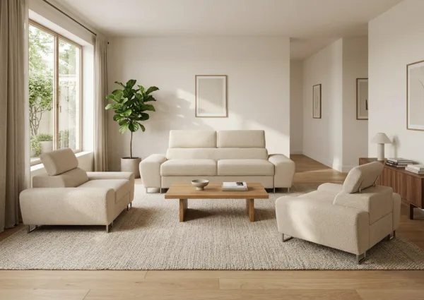 Zestaw wypoczynkowy sofa 2 fotele beżowy welur salonu Savio Family Meble — komfort