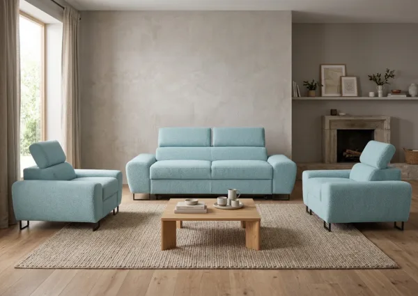 Zestaw wypoczynkowy sofa 2 fotele błękitny welur Hunter Savio Family Meble — komfort