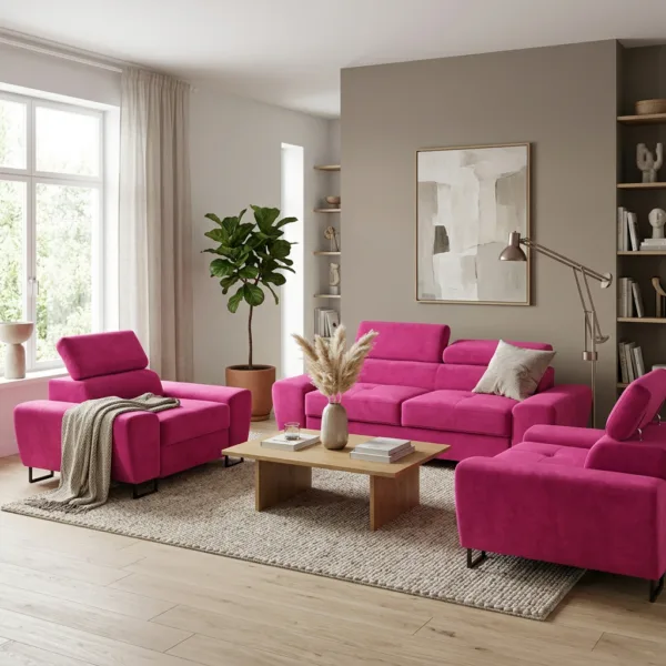 Zestaw wypoczynkowy sofa kanapa 2 fotele różowy welur Savio Family Meble — komfort
