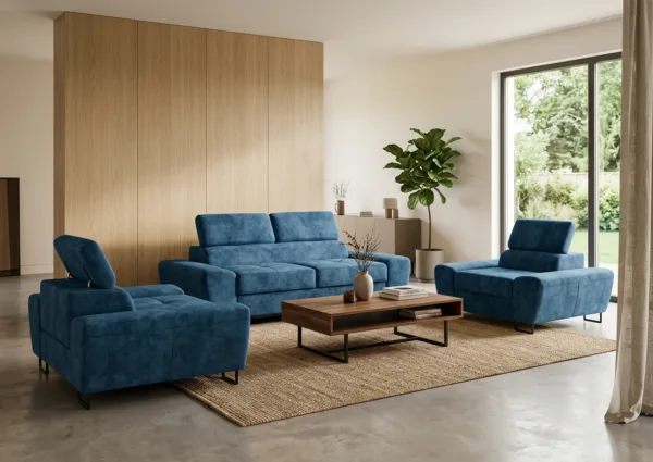 Zestaw wypoczynkowy sofa kanapa 2 fotele niebieski salon Savio Family Meble — komfort