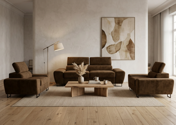 Zestaw wypoczynkowy sofa kanapa 2 fotele brązowy salonu Savio Family Meble — komfort