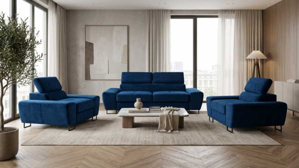 Zestaw wypoczynkowy sofa kanapa 2 fotele niebieski salon Savio Family Meble — komfort