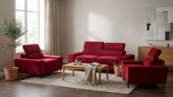 Zestaw wypoczynkowy sofa kanapa 2 fotele czerwony welur Savio Family Meble — komfort