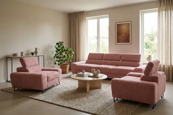 Zestaw wypoczynkowy sofa kanapa 3 fotele różowy welur wygodny Savio Family — komfort