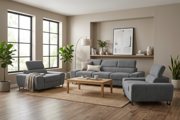 Zestaw wypoczynkowy sofa kanapa 3 fotele szary welur wygodny Savio Family — komfort