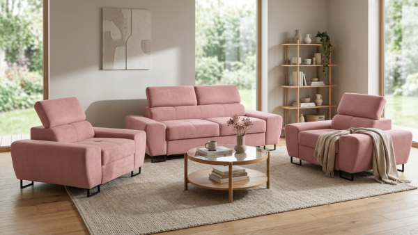 Zestaw wypoczynkowy sofa kanapa 2 fotele różowy welur Savio Family Meble — komfort