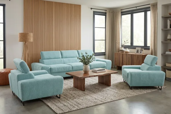 Zestaw wypoczynkowy sofa kanapa 3 fotele błękitny welur Savio Family Meble — komfort