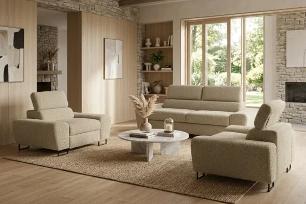 Zestaw wypoczynkowy sofa kanapa 2 fotele beżowy wygodny Savio Family Meble — komfort