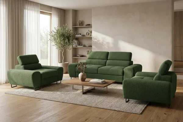 Zestaw wypoczynkowy sofa kanapa 2 fotele zielony welur Savio Family Meble — komfort