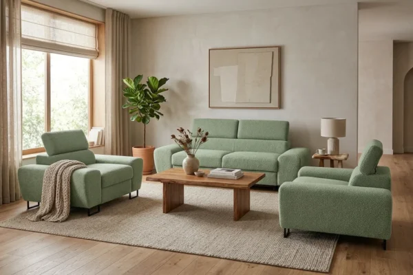 Zestaw wypoczynkowy sofa kanapa 2 fotele miętowy boucla Savio Family Meble — komfort