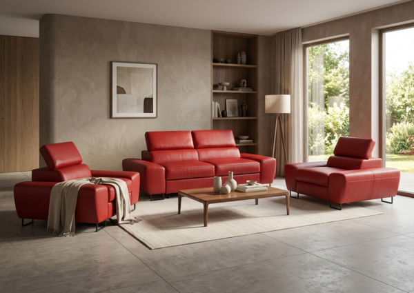 Zestaw wypoczynkowy sofa kanapa 2 fotele czerwony ekoskóra Savio Family — komfort