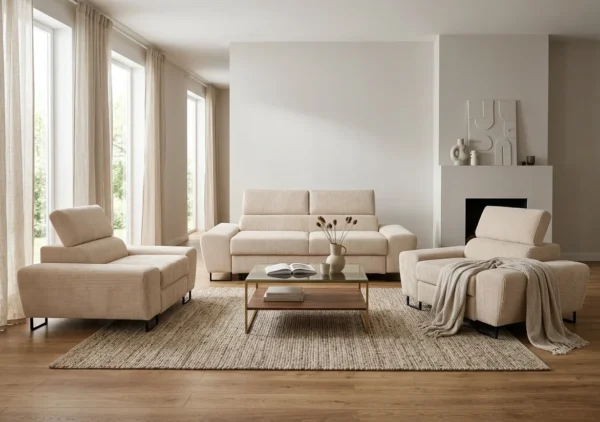 Zestaw wypoczynkowy sofa kanapa 2 fotele beżowy sztruks Savio Family Meble — komfort