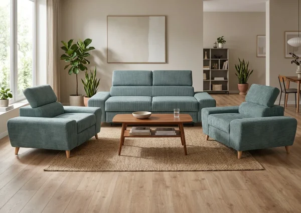Zestaw wypoczynkowy sofa kanapa fotele błękitny sztruks Savio Family Meble — komfort