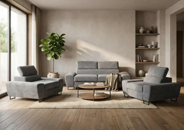 Zestaw wypoczynkowy sofa kanapa 2 fotele szary grafit sztruks Savio Family — komfort
